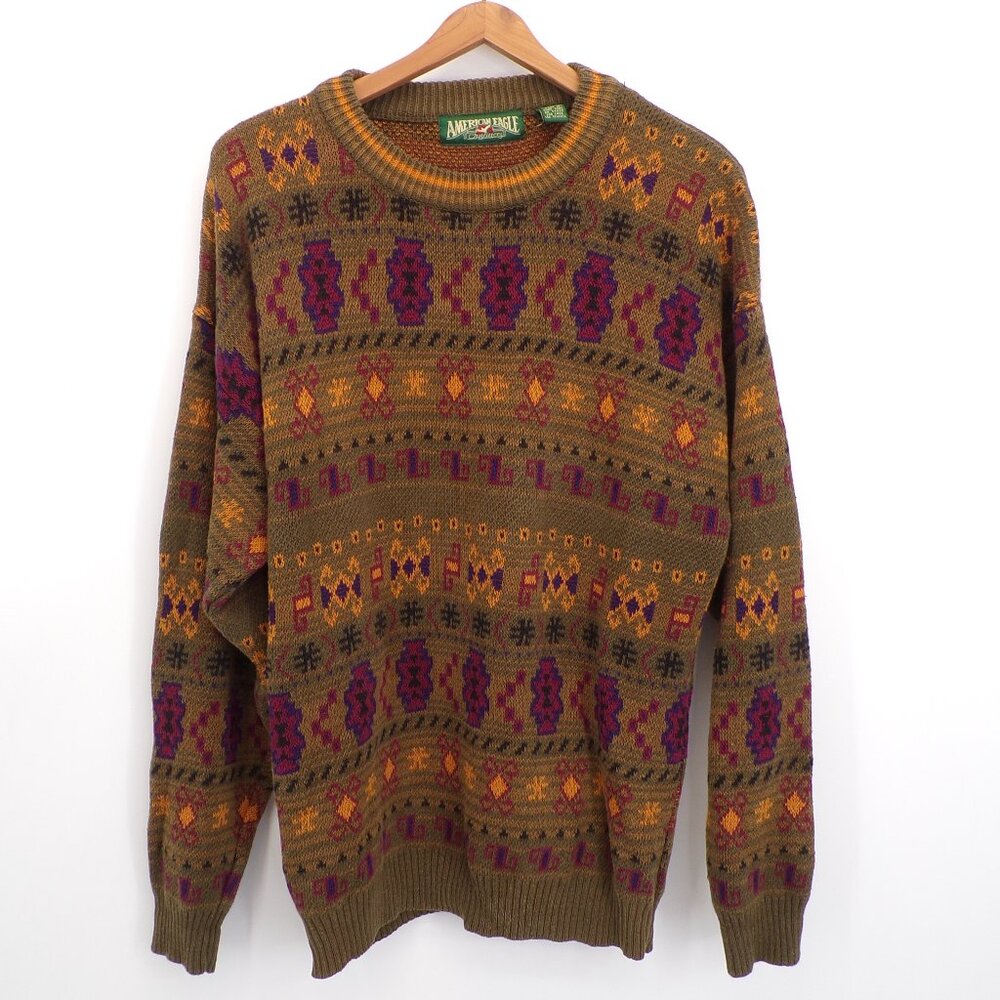 American Eagle Outfitters Men's Knit Sweater XL Brown Crew Neck Long Sleeve